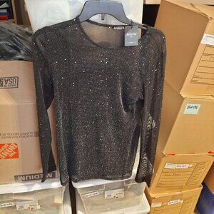 NEW With Tag ! Allchic Glitter Sheer Mesh Top WMN Long Sleeve Blouse Black Sz XL